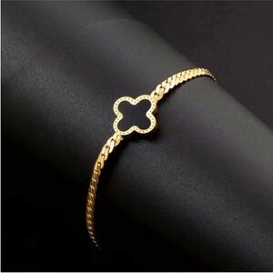 Women Gold Plated Stainless Steel Single Black Clover Braided Bracelet Four Leaf